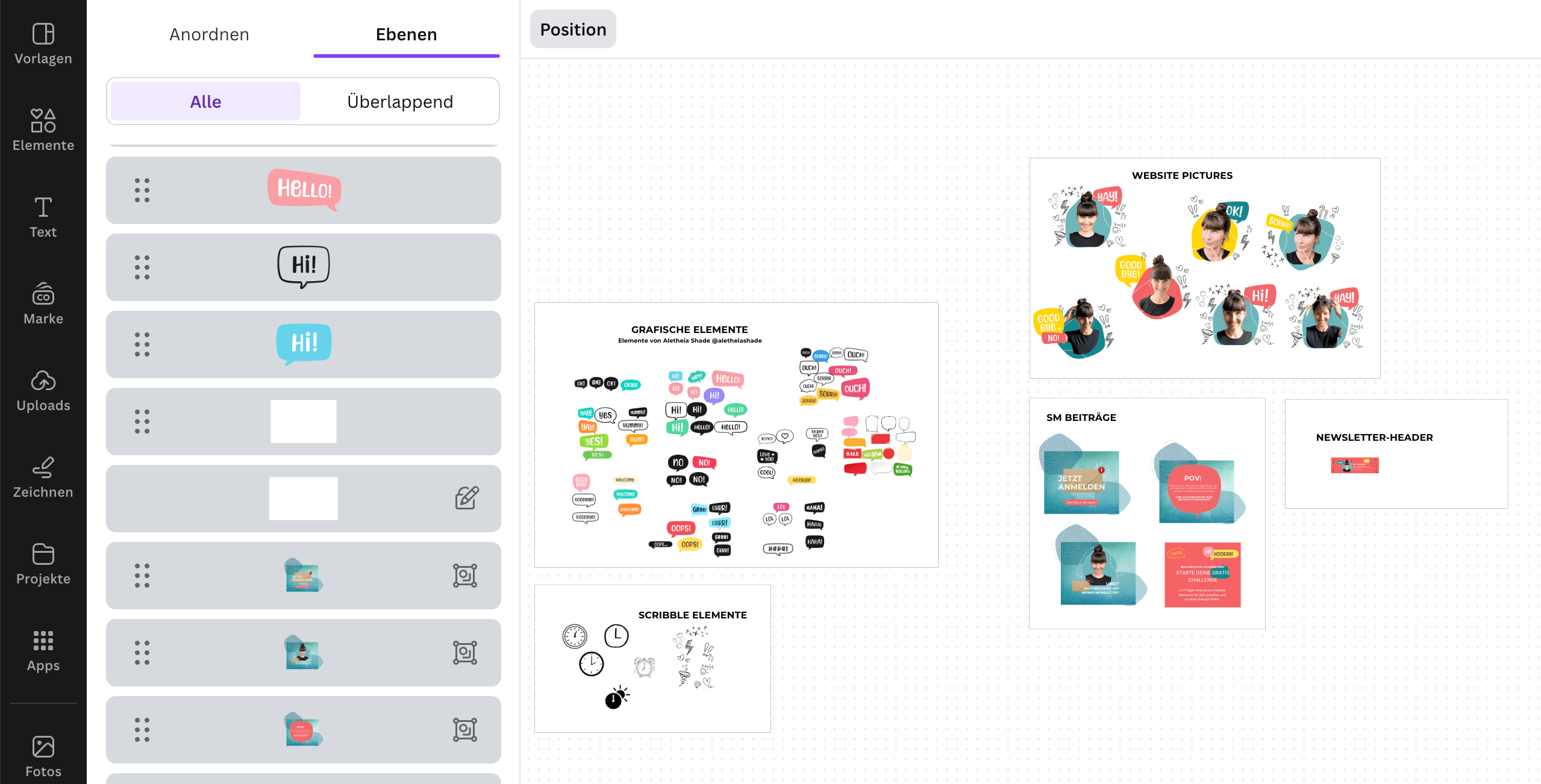 Canva mit Ebenen-Ansicht und angelegten Beiträgen, Website-Bildern und grafischen Elementen
