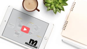 Tablet mit einem ManyChat-Ablauf und Video-Symbol, daneben Kaffee, Pflanze und Notizblock