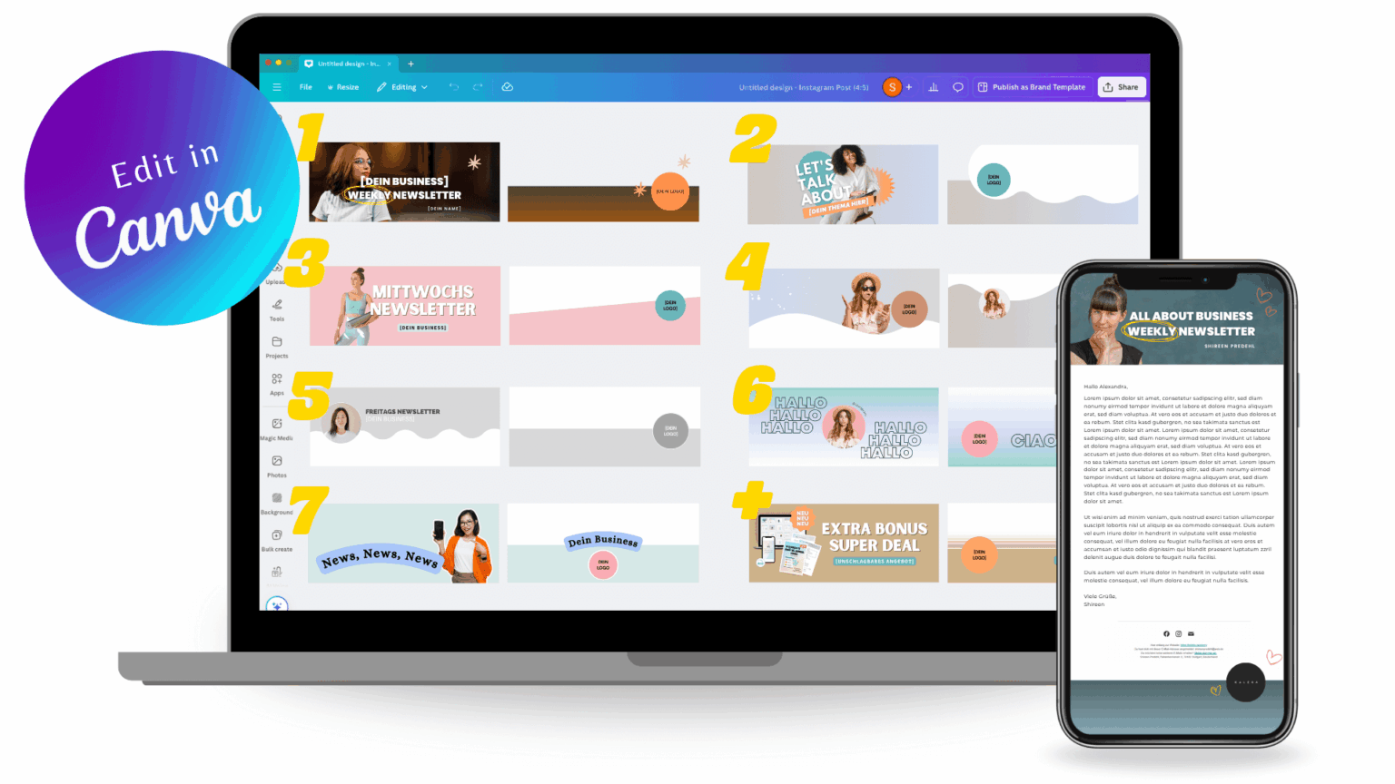 Canva-Vorlagen für E-Mail-Header und -Footer auf Laptop und Smartphone