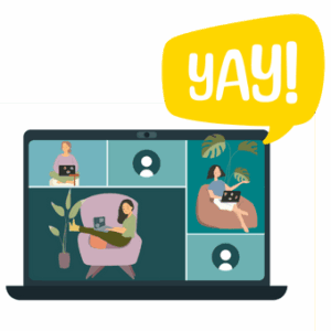 Illustration: Laptop mit Zoom-Kacheln, in denen Frauen arbeiten, dazu eine Sprechblase „Yay!“