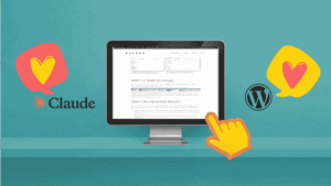 Website anpassen mit KI: Monitor mit dem KALEKA-Blogbeitrag, daneben das Claude-Logo und das WordPress-Logo mit Herz-Sprechblasen und eine zeigende Hand