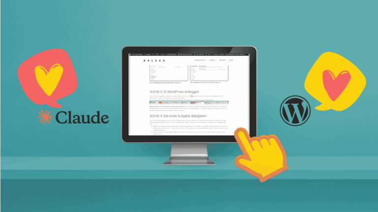 Website anpassen mit KI: Monitor mit dem KALEKA-Blogbeitrag, daneben das Claude-Logo und das WordPress-Logo mit Herz-Sprechblasen und eine zeigende Hand