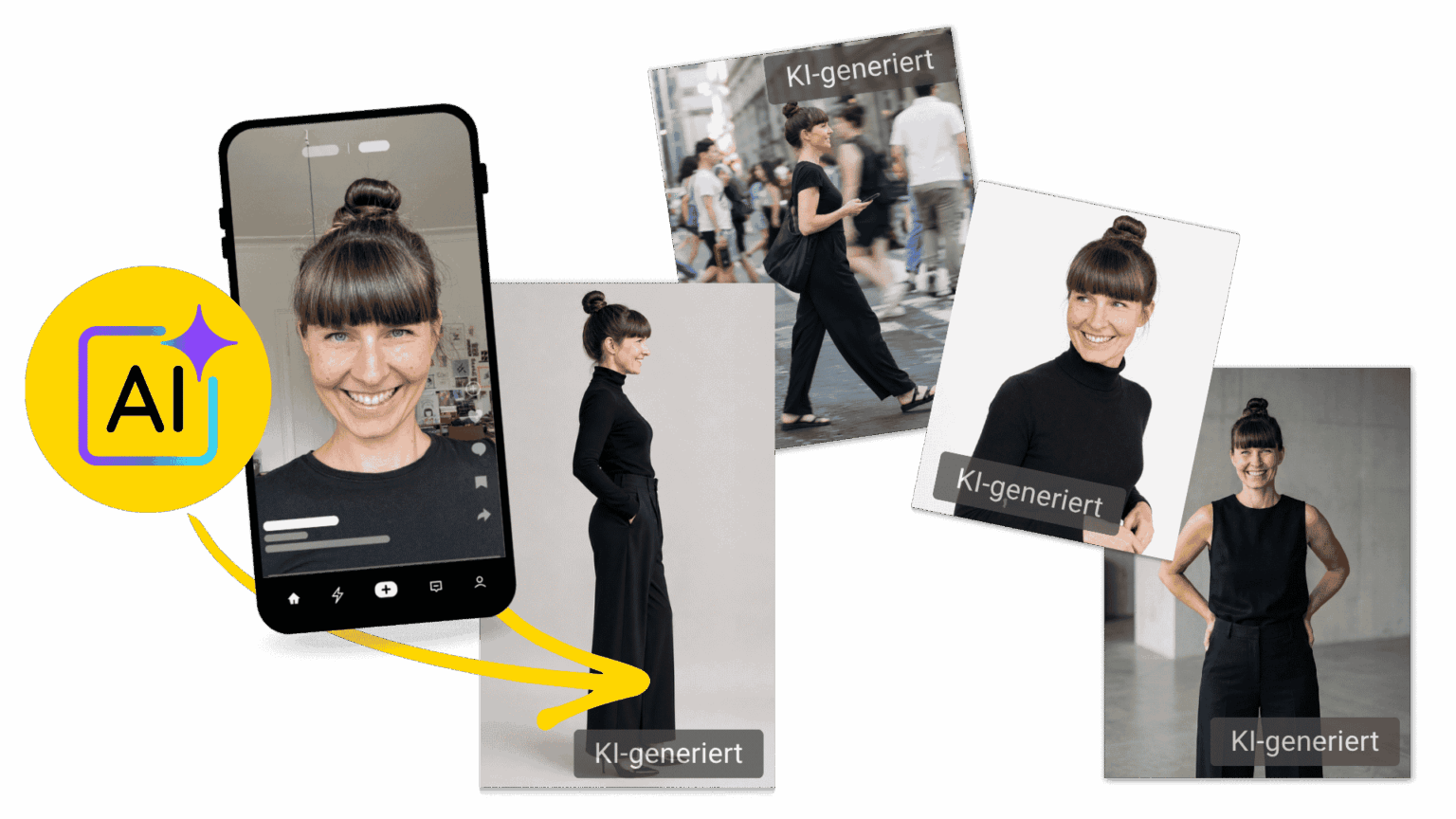 Der KI-Businessbilder Prompt-Generator auf einem Smartphone mit Beispielbildern