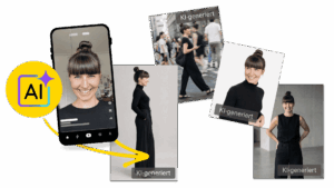 Ein Handy-Selfie von Shireen wird mit KI zu Businessfotos, jedes als KI-generiert gekennzeichnet