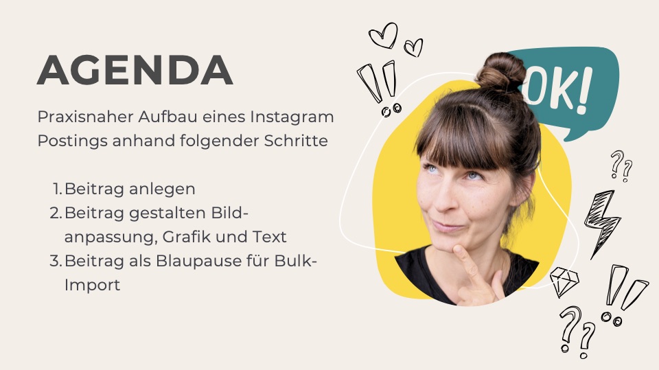 Handout-Seite Agenda: Beitrag anlegen, Beitrag gestalten, Beitrag als Blaupause