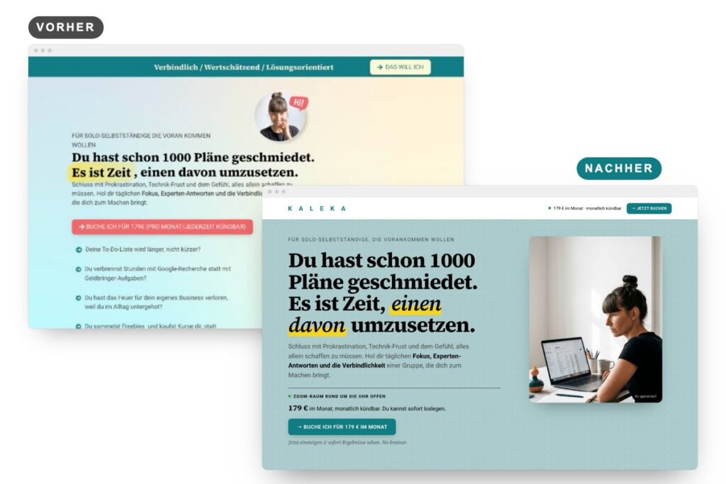 Shireens Verkaufsseite für das Co-Working vorher und nachher am Rechner