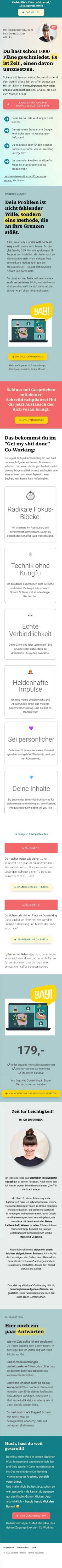 Alte Verkaufsseite des Co-Workings am Handy, ganze Seite: Verlauf im Kopf, rundes Porträt mit „Hi!“, Karten mit Emojis untereinander