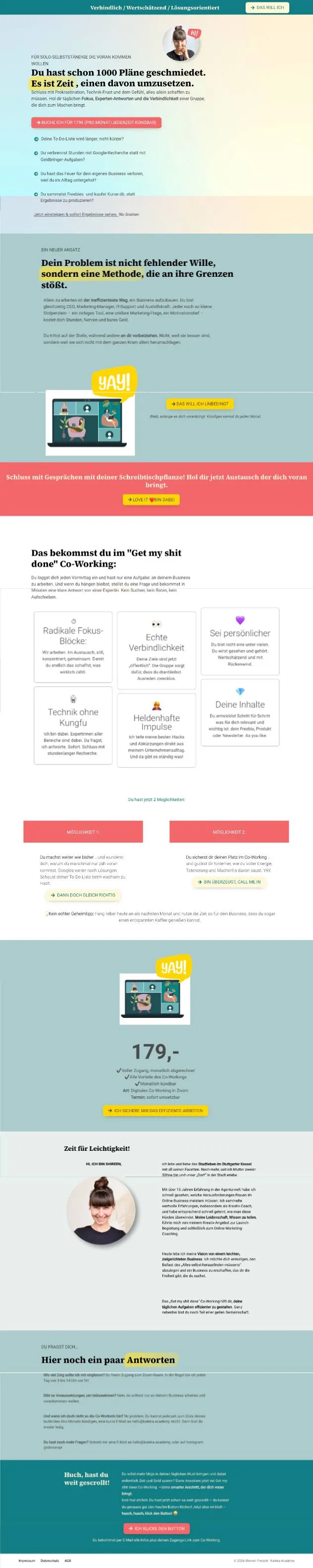 Alte Verkaufsseite des Co-Workings am Rechner, ganze Seite: Verlauf im Kopf, rundes Porträt mit „Hi!“, Karten mit Emojis, roter Kauf-Button
