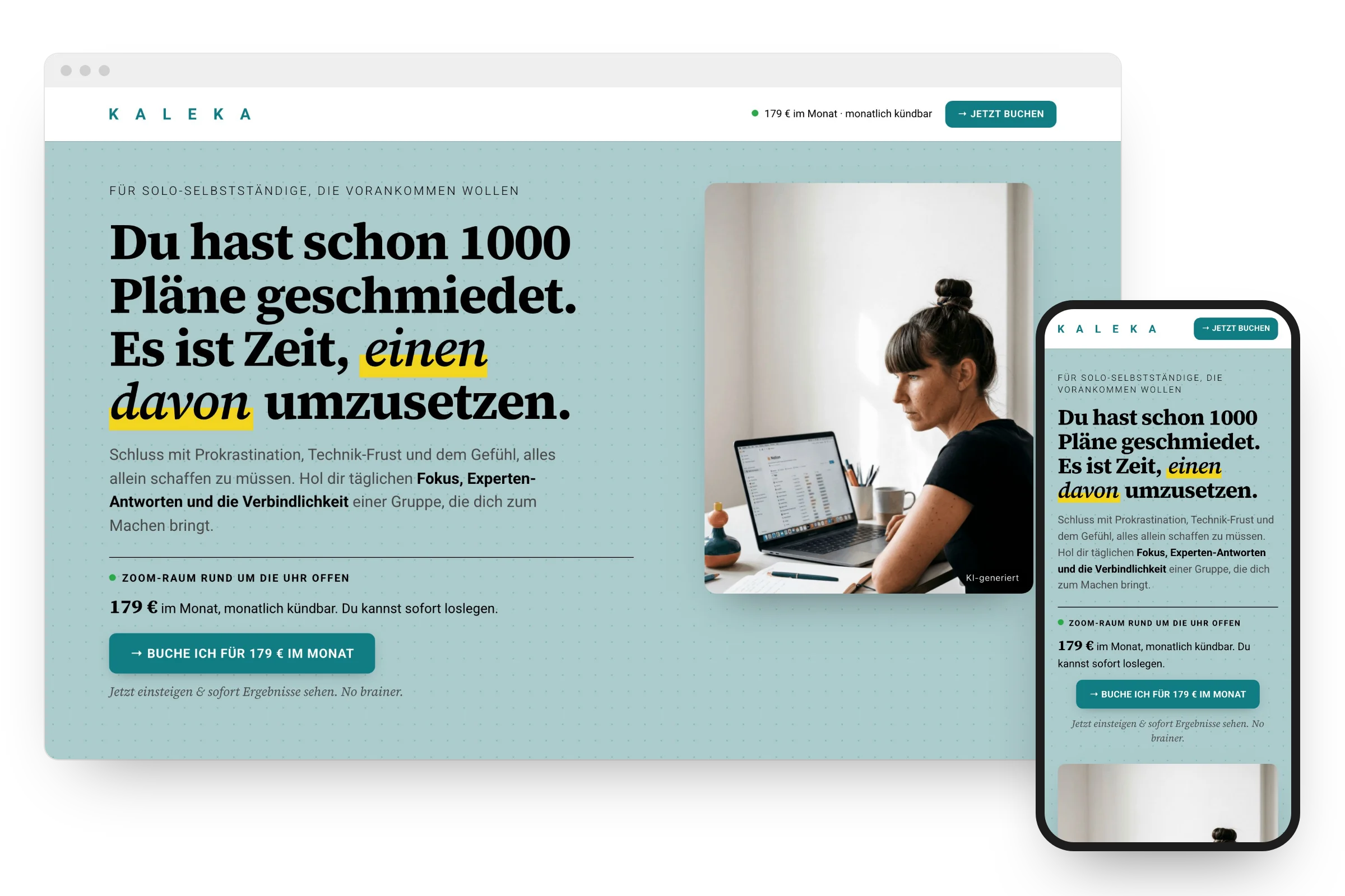 Neu aufgebaute Salespage am Rechner und am Handy: Shireens Verkaufsseite für das Co-Working