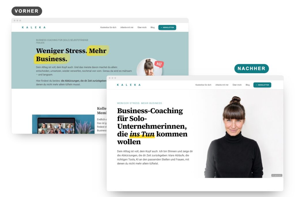 Shireens Startseite vorher und nachher am Rechner: hinten die alte Seite mit hellpetrol Kopf und „Weniger Stress. Mehr Business.“, vorn die neue mit großem Titel und Porträt
