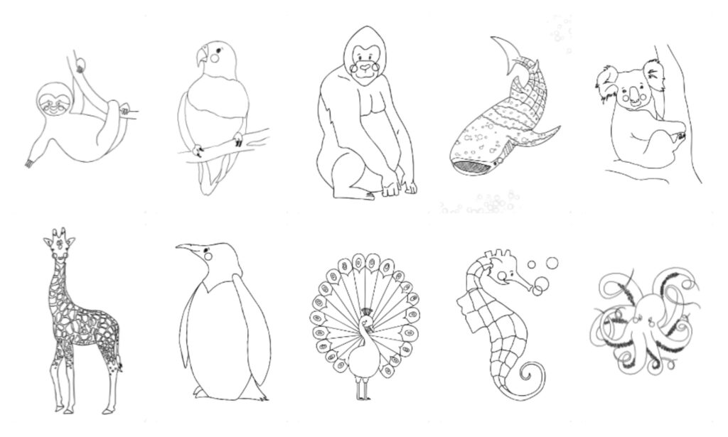 Skizzen aus dem Ausmalbuch: Faultier, Papagei, Gorilla, Walhai, Koala, Giraffe, Pinguin, Pfau, Seepferdchen und Krake